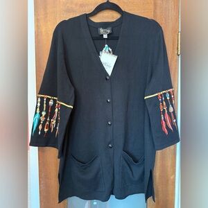 Bob Mackie Women’s Black Wearable Art Feather Cardigan Sweater Dream Catcher